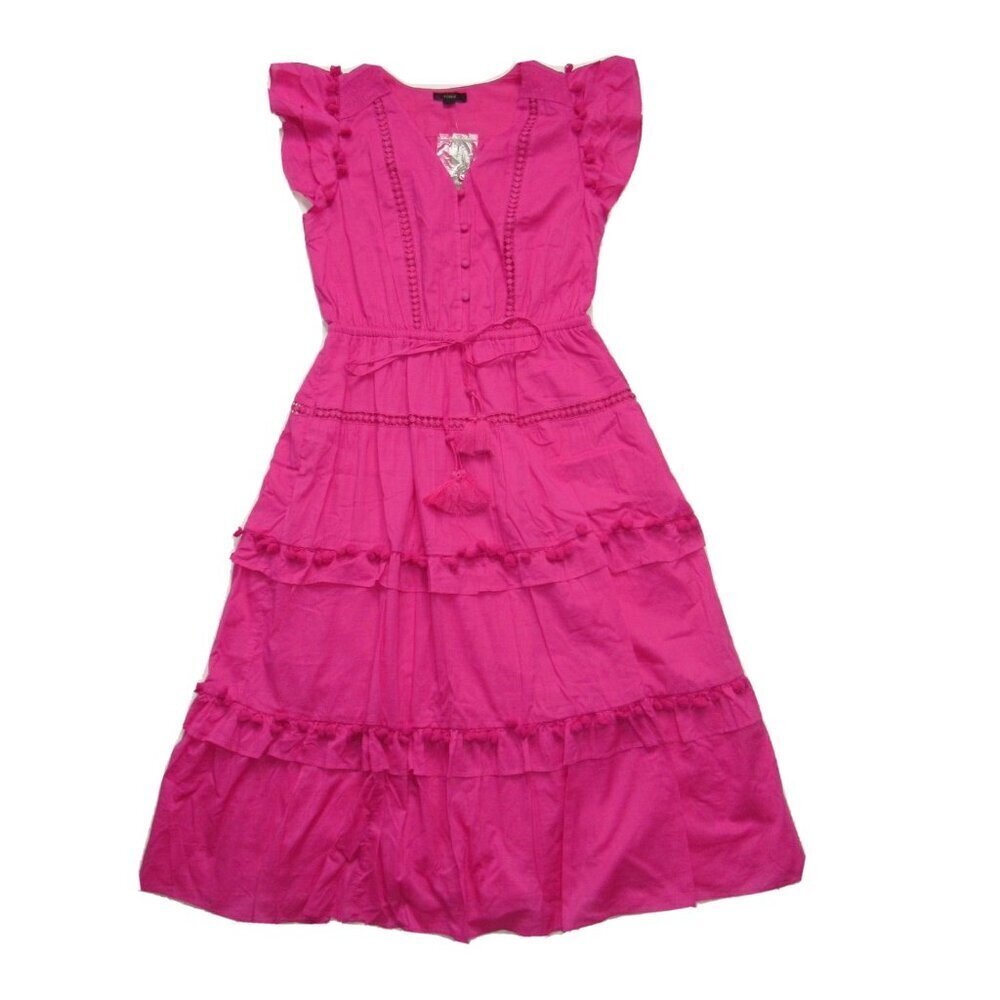 NWT J.Crew Pom-pom Midi in Neon Flamingo Pink Cotton Voile Tiered Dress 16T - Picture 4 of 12